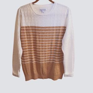 NWOT Kim Rogers Sweater Pullover No Collar Long Sleeve Cream/Tan Stripes Size L